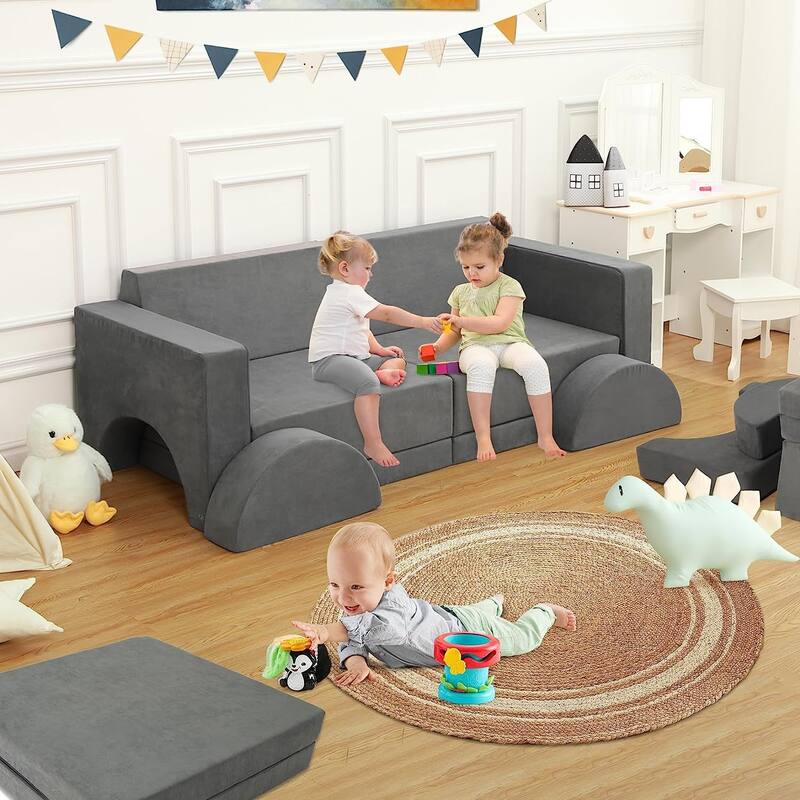 10pcs Kid's Play Couch, Multifunctional Modular Kid Convertible Sofa for Playroom, Indoor Toddler Couch for Boys Girls
