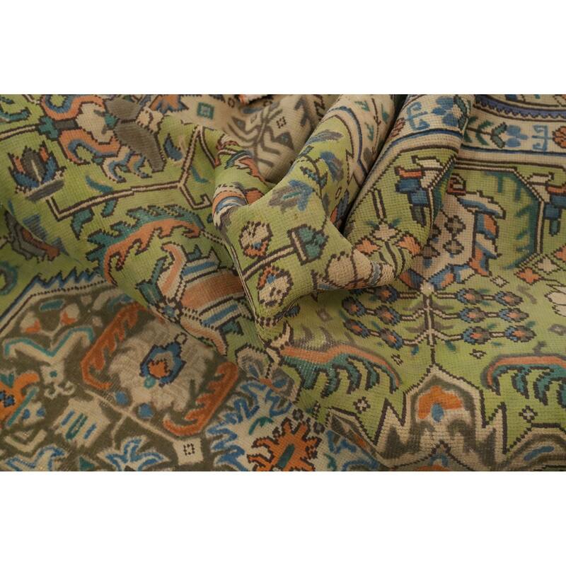 Hand Knotted Oriental 100% Wool Carpet Traditional Floral Green Tabriz Area Rug - 12' 5'' X 9' 7''