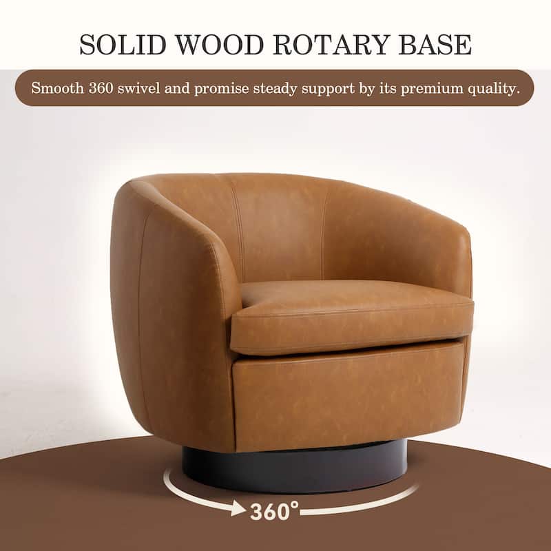 Leather Upholstered Swivel Barrel Accent Chair With Wood Base