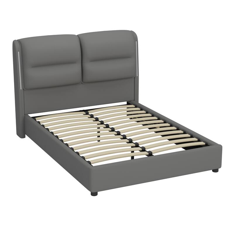 Roomfitters Upholstered Queen Size Hydraulic Platform Bed with Lift Up Storage and Sensor LED Lights,PU Leather Bed Frame