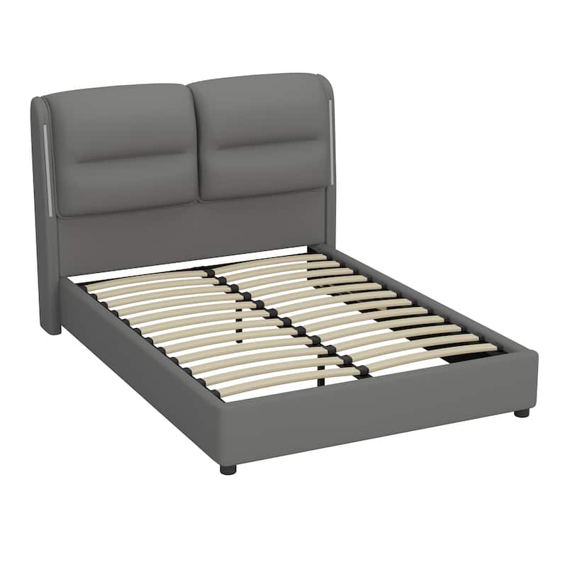 Upholstered Queen Size Hydraulic Platform Bed with Lift Up Storage and Sensor LED Lights,PU Leather Bed Frame