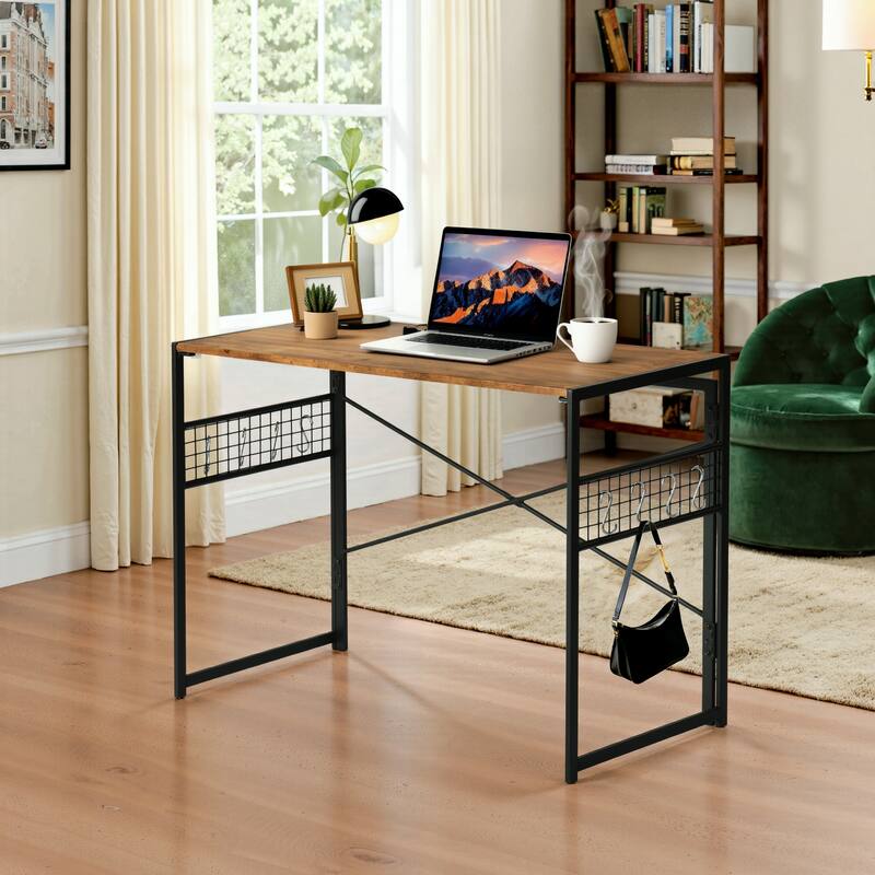 Homy Casa Modern Folding Desk with Black Metal Frame and Wood Top