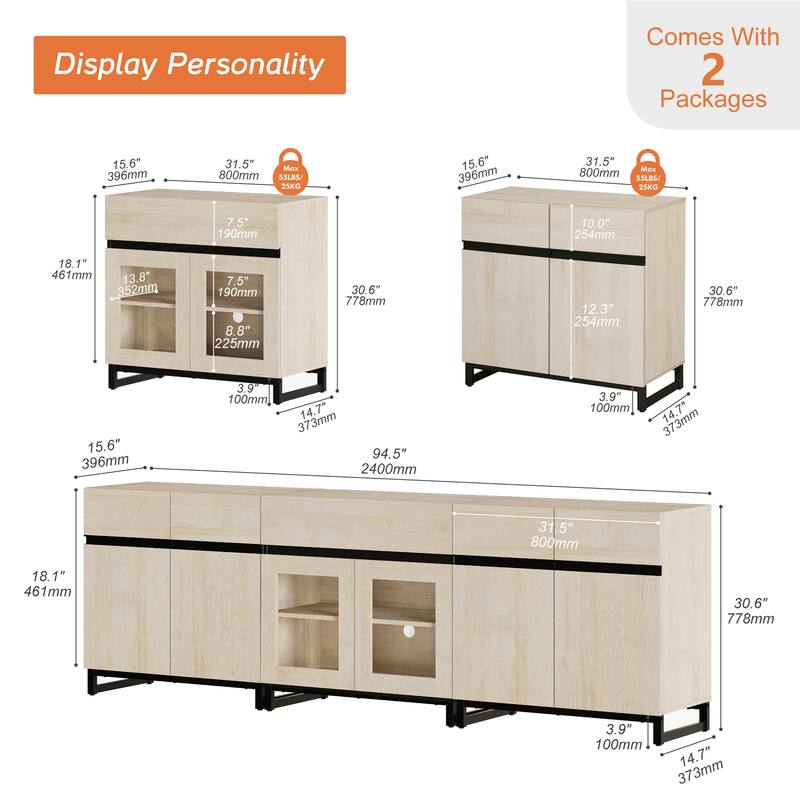 WAMPAT Modern Sideboard with Adjustable Shelves and Drawer, 3 in 1 Storage Cabinet with Glass Doors for Living Room, Kitchen