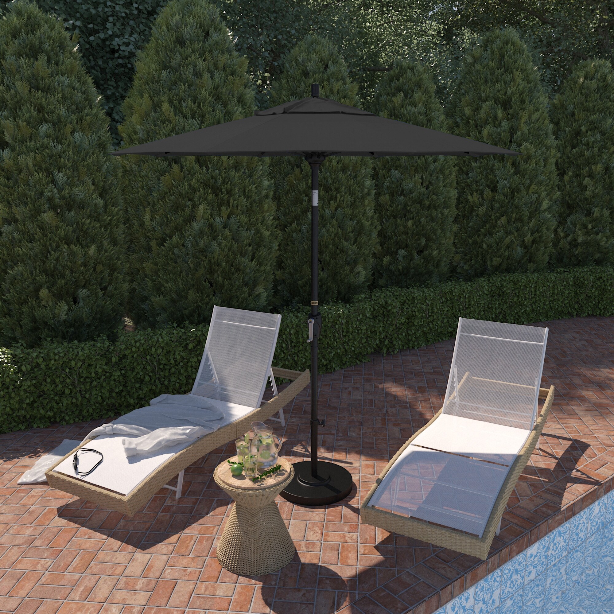 California Umbrella 7.5' Round Crank Lift Push Button Tilt Black Aluminum Patio Umbrella with Pacifica Pacific Blue Fabric