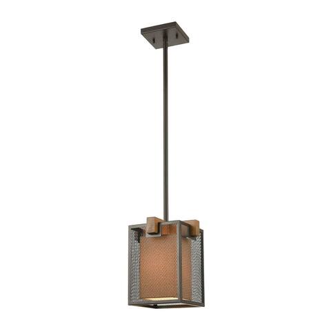Crossbeam 1-Light Mini Pendant in Oil Rubbed Bronze and Medium Oak with Dark Beige Fabric Shade