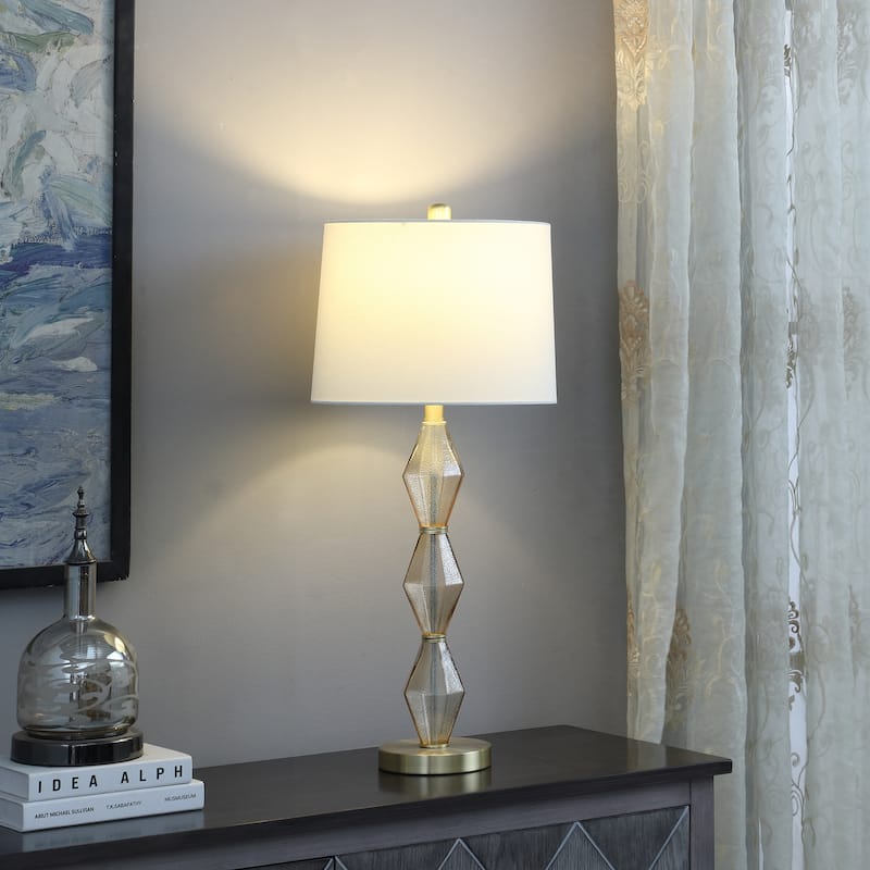 Modern Table Lamp - Geometric Glass Shade, Brushed Gold Base, Bedroom Desk Lamp