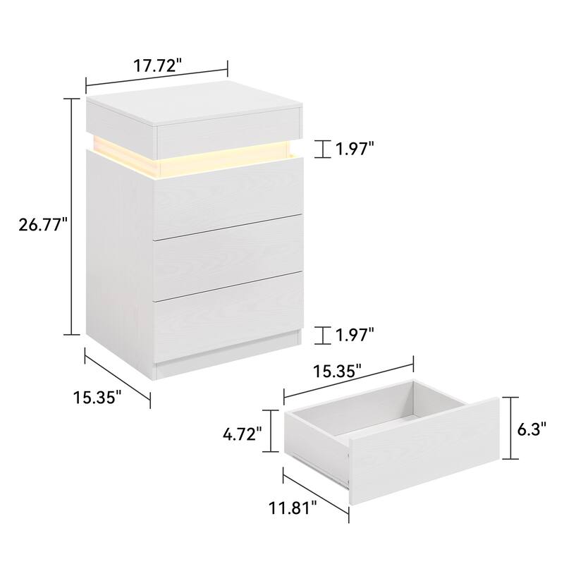 Nightstand with Built-In Charging Station and LED Lighting, 3-Drawer Sliding-Top Modern Bedside Table