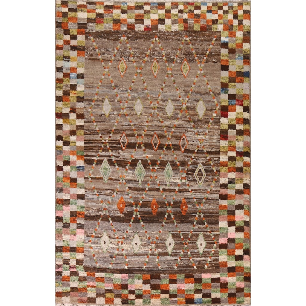 Hand Knotted Oriental 100% Wool Carpet Tribal Checkered Brown Moroccan Area Rug - 9' 10'' X 6' 10''