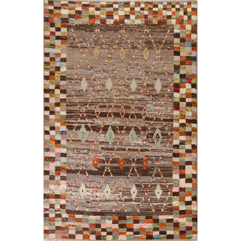 Hand Knotted Oriental 100% Wool Carpet Tribal Checkered Brown Moroccan Area Rug - 9' 10'' X 6' 10''