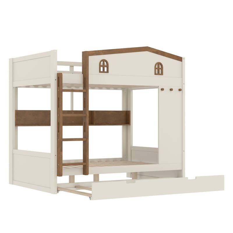 Full over Full Bunk Bed with Trundle and Storage Shelves, Solid Wood Bunk Beds with hooks, No Box Spring Needed