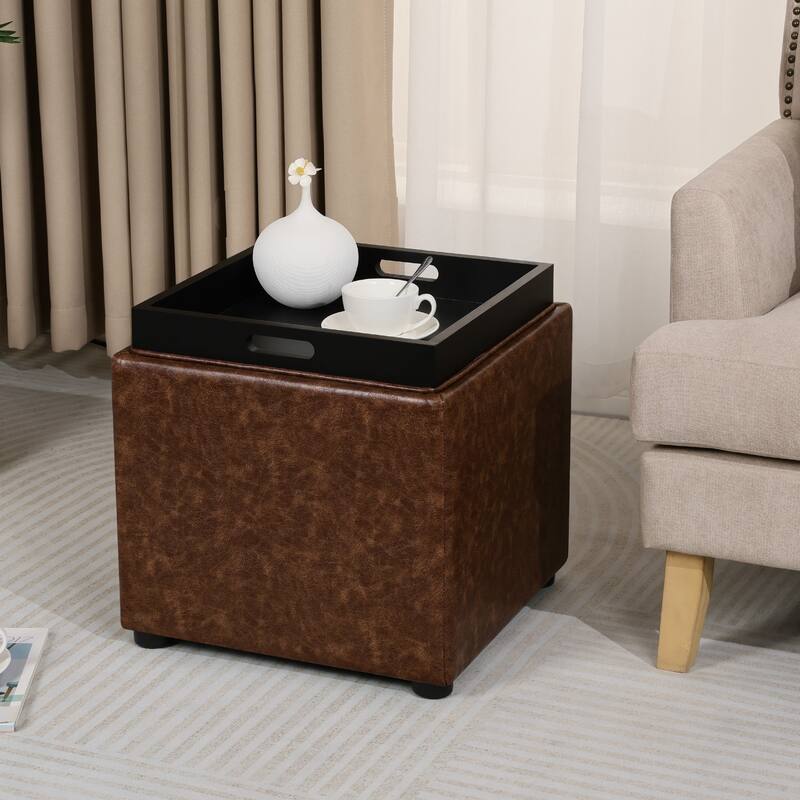 Adeco Storage Ottoman With Tray - Brown-Faux-Leather