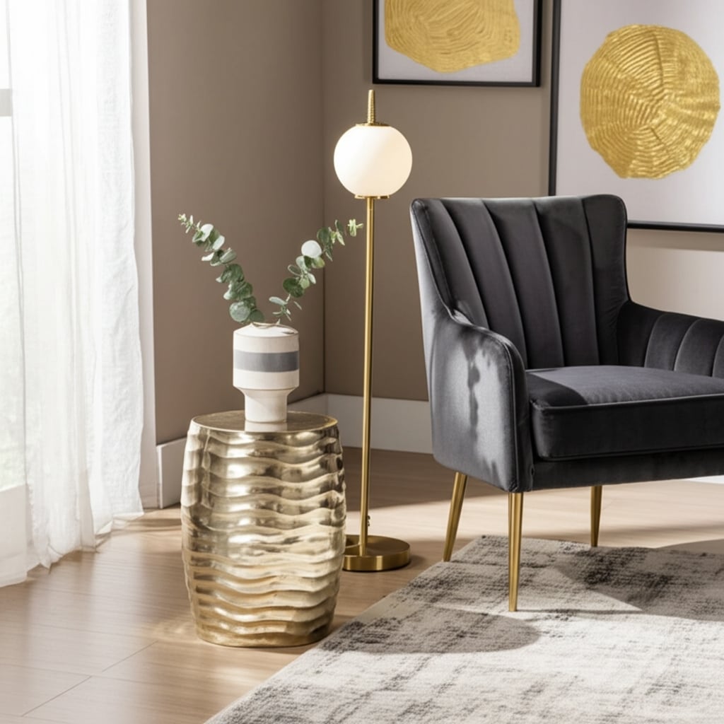 Metal Side Table Wavy Textured Base Narrow End Design - 18" Gold - 15.75" x 15.75" x 18.25"