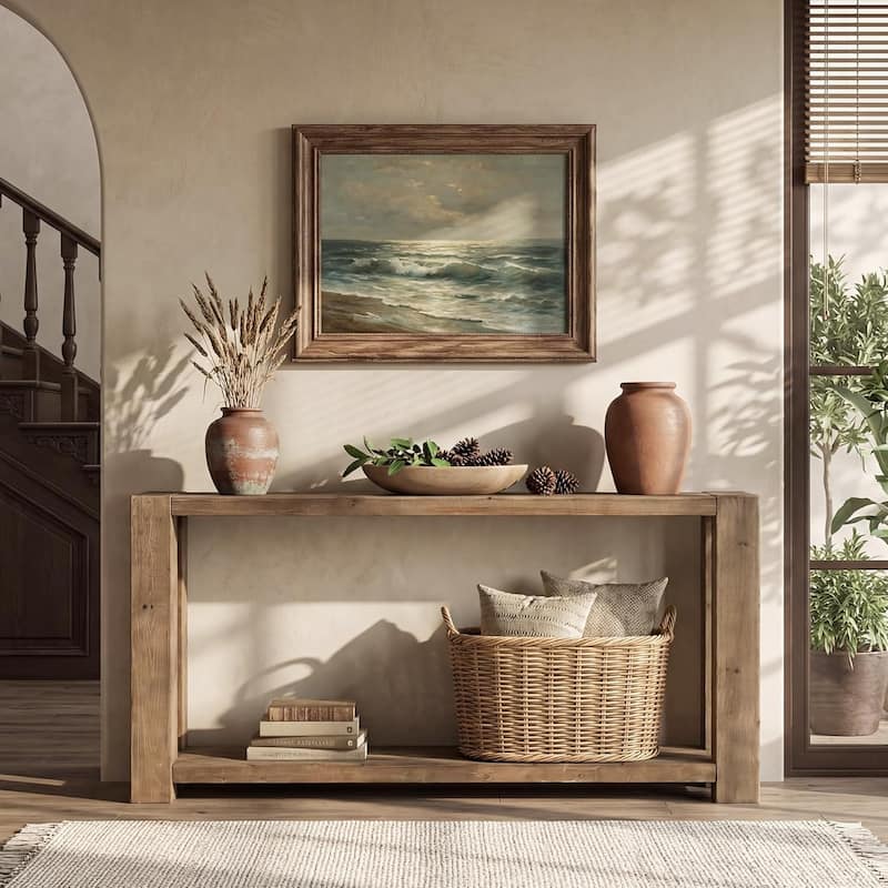 63-Inch Solid Wood Console Table, 2-Tier Farmhouse Rustic Entryway Table with Open Shelf - 11.81" W x 62.99" L x 31.5" H