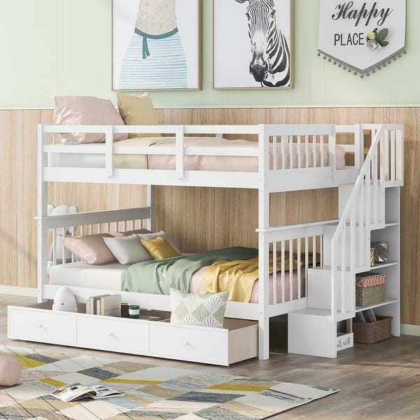 slide 2 of 7, White Full-Over-Full Bunk Bed with Stair Storage and Guard Rail White