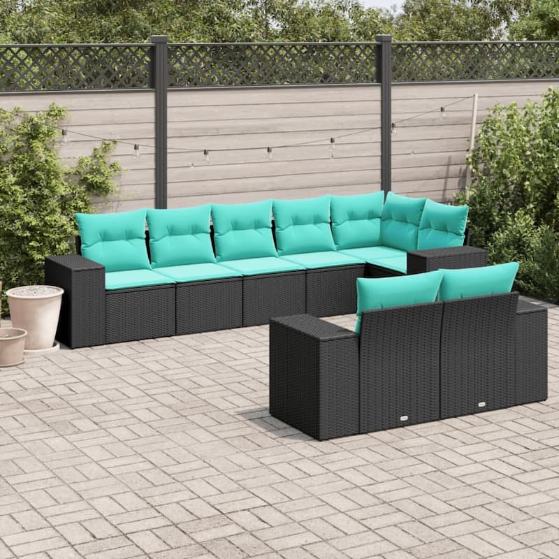 vidaXL 8 Piece Patio Sofa Set with Cushions Black Poly Rattan - 24.4 x 24.4 x 27.2