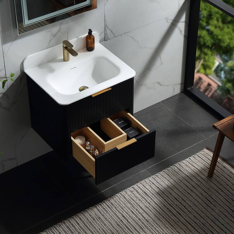 Modland Fluted Floating Vanity with Sink, Plywood Wall Mount Cabinet, Curved Edge, 24/30/36 Inch