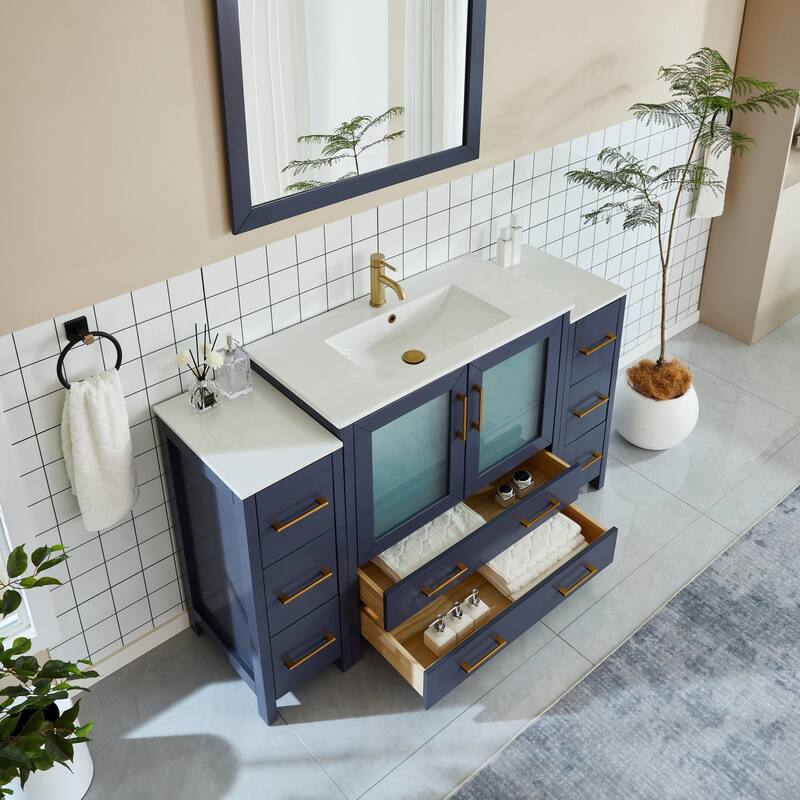 Vanity Art 60-Inch Single Sink Bathroom Vanity Set 8 Dove-Tailed Drawers 3 Cabinets 1 Shelf Soft-Closing Doors with Free Mirror