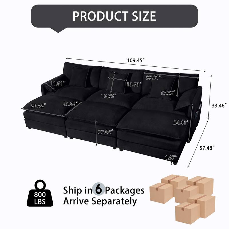 Oversized Deep Seat Sectional Sofa Sleeper with 3 Ottomans, Modular Couch Bed, Chenille, Black