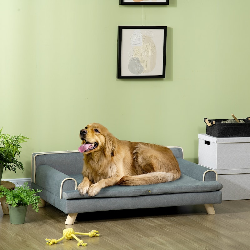 Soft Foam Large Dog Couch for a Fancy Dog Bed, Spongy Dog Sofa Bed with Washable Cover, Wooden Legs, Elevated Dog Bed, Gray