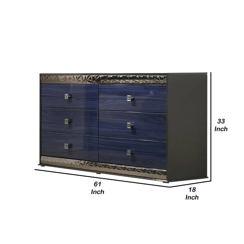 Cote 6 Drawer Dresser, Ash Gray, Indigo Blue Solid Wood, Chrome