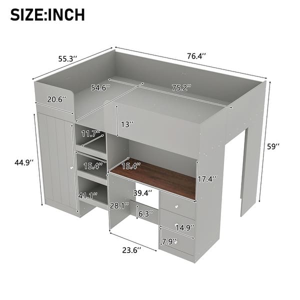Wood Full Size Loft Bed with Built-in Wardrobe, Desk, Storage Shelves