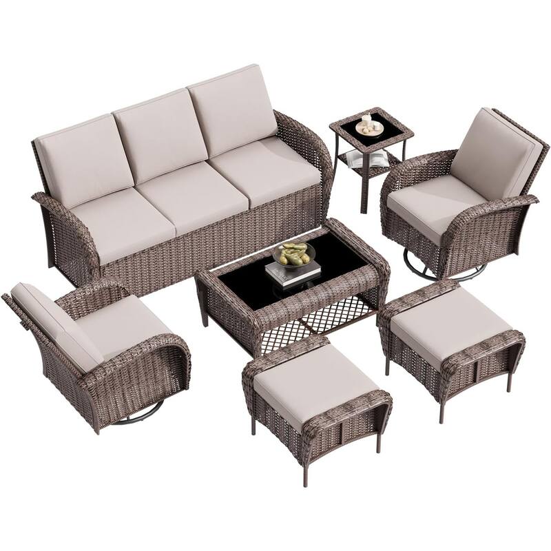 EROMMY Outdoor Wicker Patio Set with Swivel Chairs, Sofa, Ottomans and Tables, All-Weather Conversation Furniture for backyard.