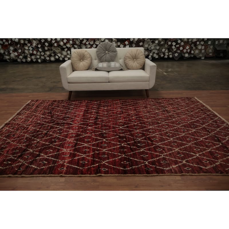 Hand Knotted Oriental 100% Wool Carpet Modern All-Over Red Moroccan Area Rug - 10' 0'' X 6' 6''