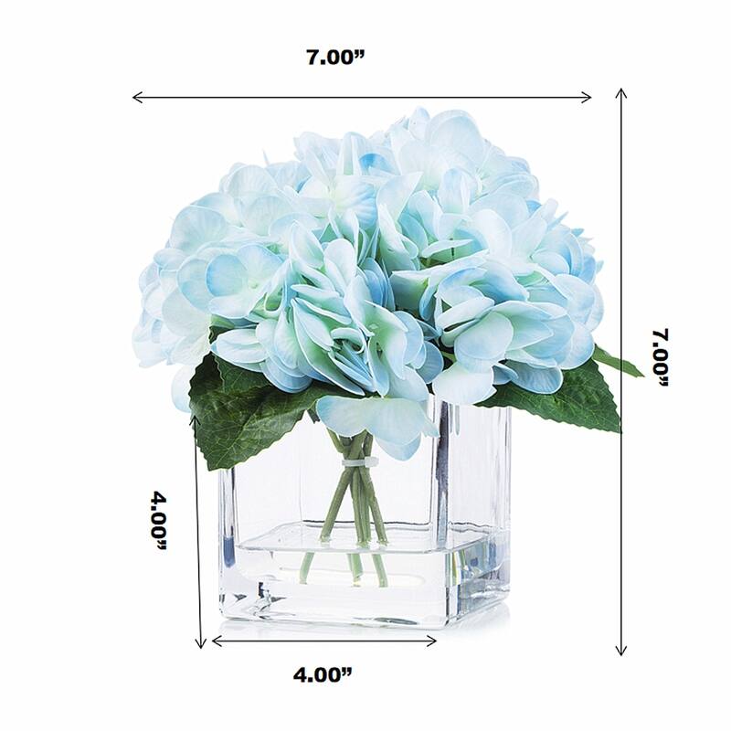 Enova Home Artificial Real Touch Hydrangea Fake Silk Flowers Arrangement in Cube Glass Vase With Faux Water For Home Decoration