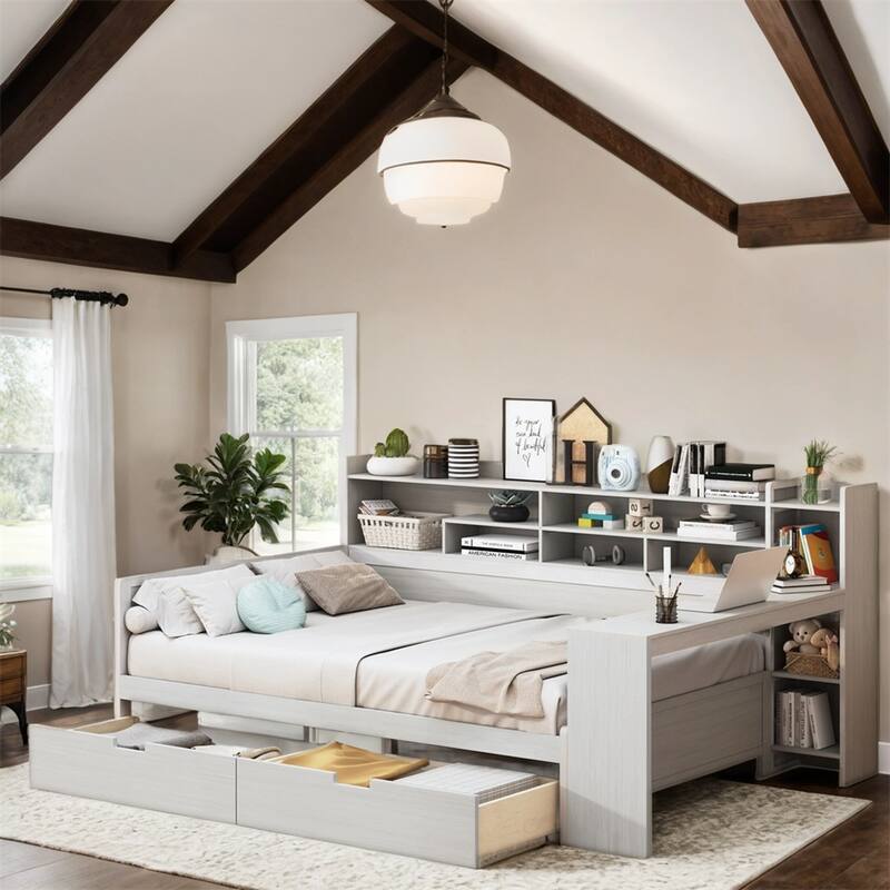 Full Size Wooden Daybed with Storage Shelves and Study Desk