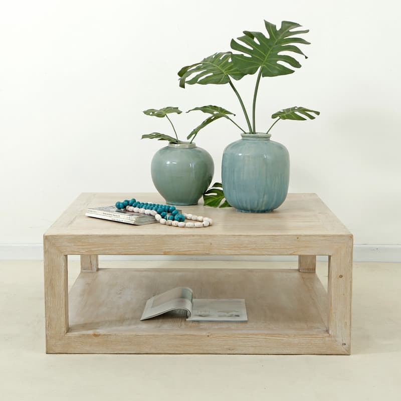 Artissance 39.4"L Square Weathered White Washed Wood Indoor Peking Grand Framed Coffee Table