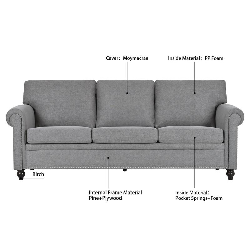 83.86" Fabric Roll-Arm 3-Seater Sofa with Pocket Spring Seat, PP Foam Backrest, and Solid Wood Frame