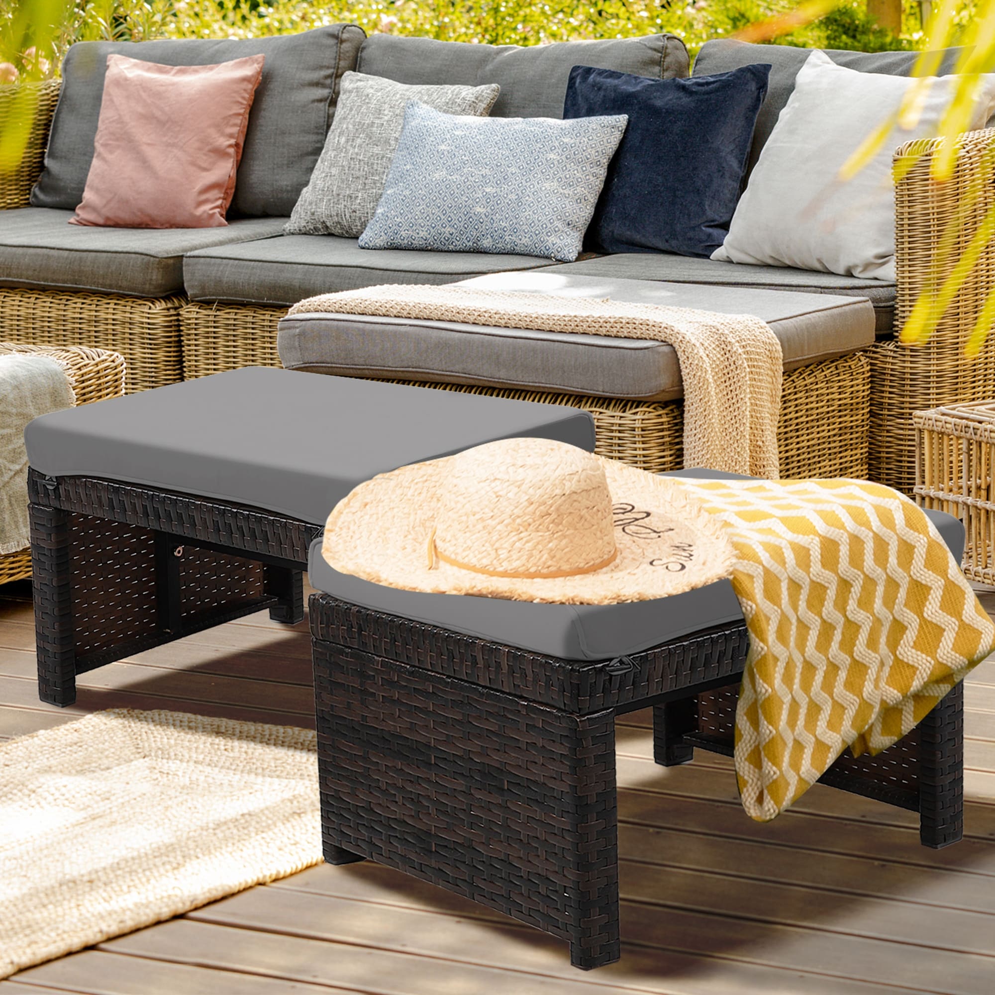 Gymax Set of 2 Rattan Ottoman Footrest Footstool Patio Furniture w