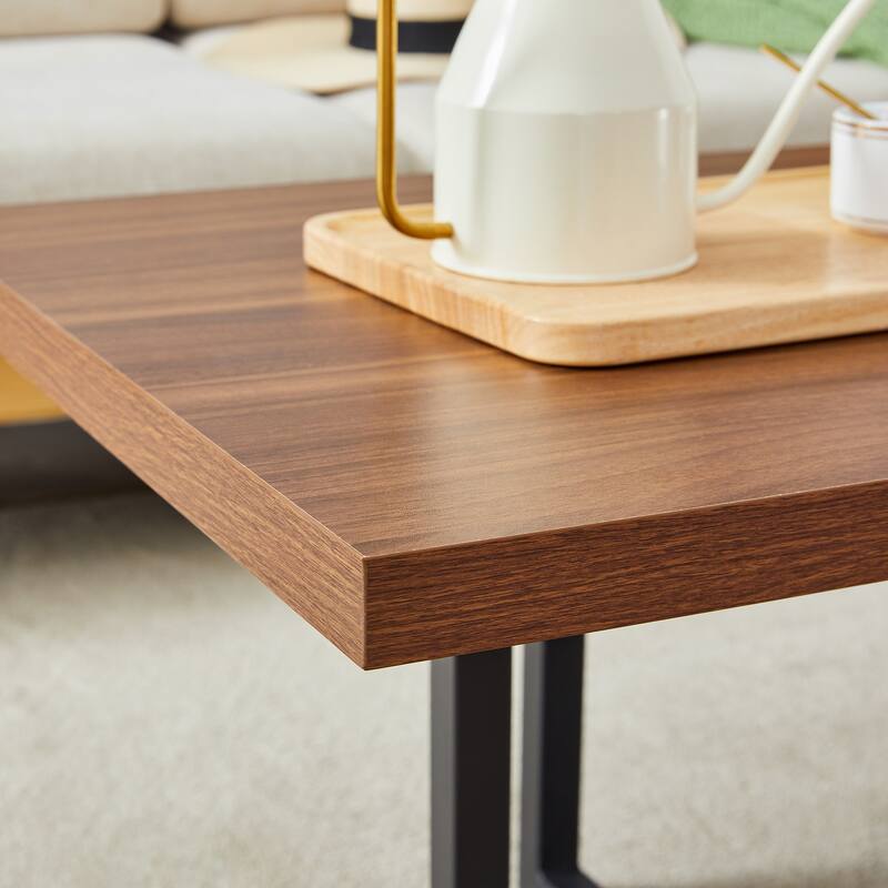Modern 2-Tier Coffee Table with Walnut Wood Top, Square Center Table with Black Metal Base for Living Room, Stylish Furniture