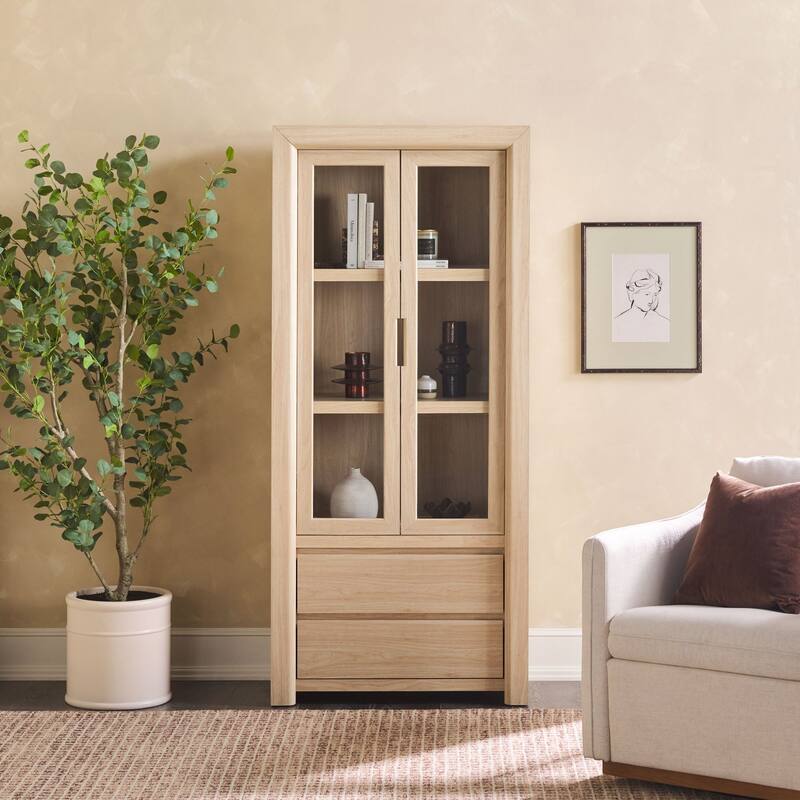 Walker Edison Modern Wood Bookshelf with Glass Doors and Drawer Storage - Light Ash