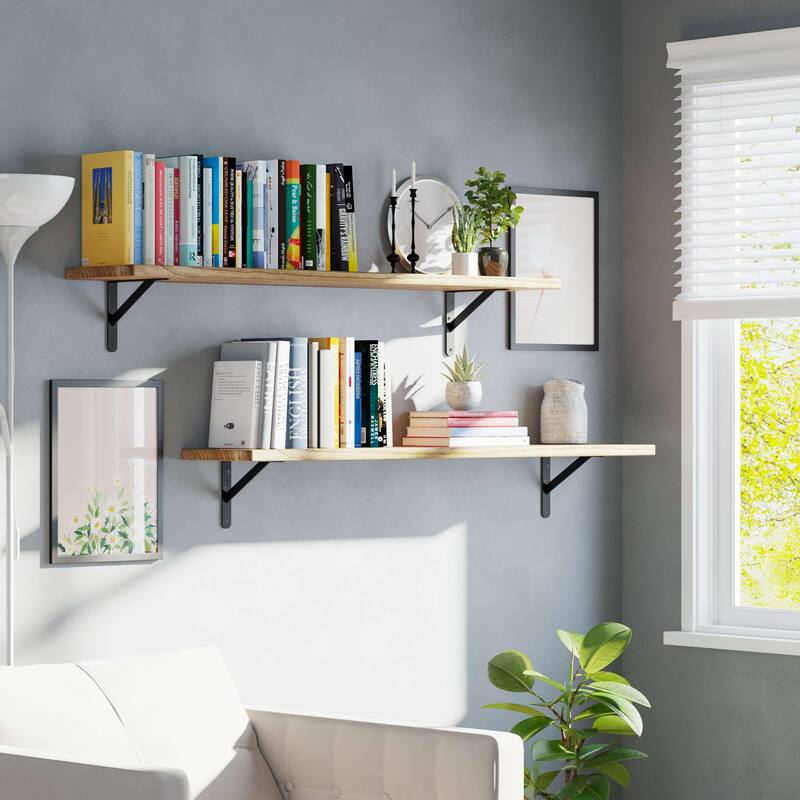 Wallniture Forme 48"-60" Long Floating Shelves for Living Room & Office Decor, Solid Wood Shelves, Wall Mounted, 1" Thick, Burnt