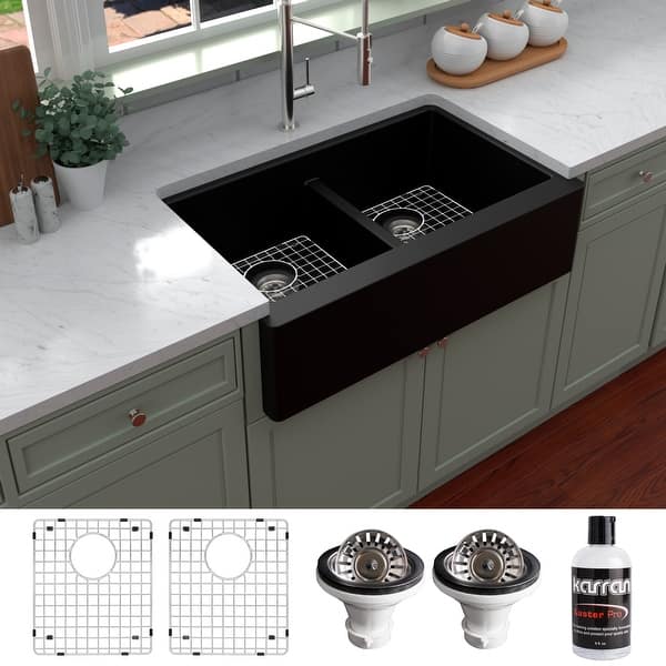 slide 2 of 68, Karran Farmhouse Apron Front Quartz Double Bowl Kitchen Sink Kit