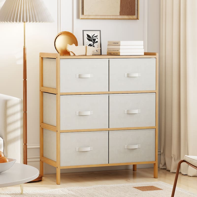 Gymax Fabric Dresser w/ 6 Drawers Bamboo Storage Tower w/ 6 Folding