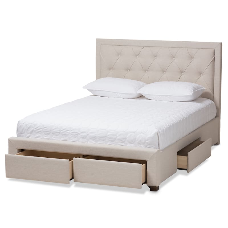Modern Fabric Storage Bed - Beige Upholstered Platform Bed Frame - Low Profile Bed for Bedrooms