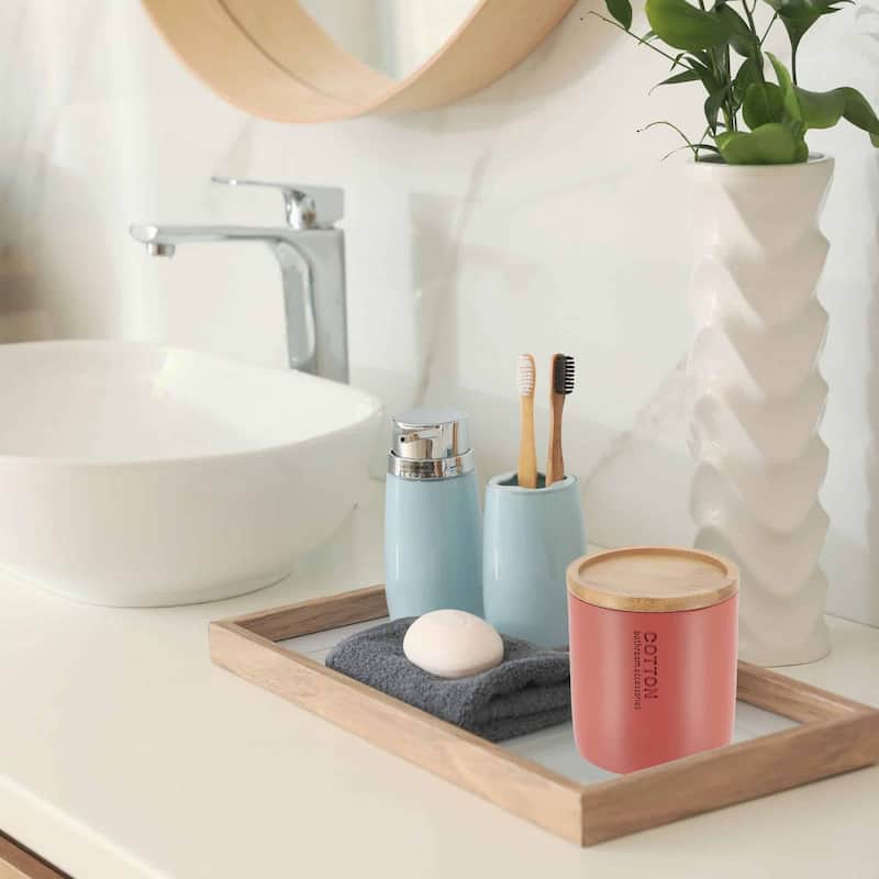 Sleek Cotton Pad Holder - Polyresin Bathroom Storage Container with Bamboo Lid - 4 L x 4 W x 4.6H