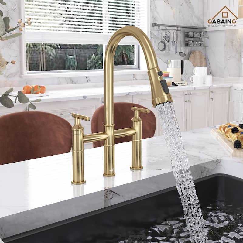 Double Handle Bridge Pull-Down Sprayhead Kitchen Faucet - Orange