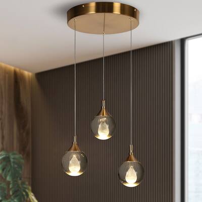 Modern Gold LED 3-Light Chandelier Crystal Cluster Pendant for Kitchen Island - Dia. 13.8" x H 6"