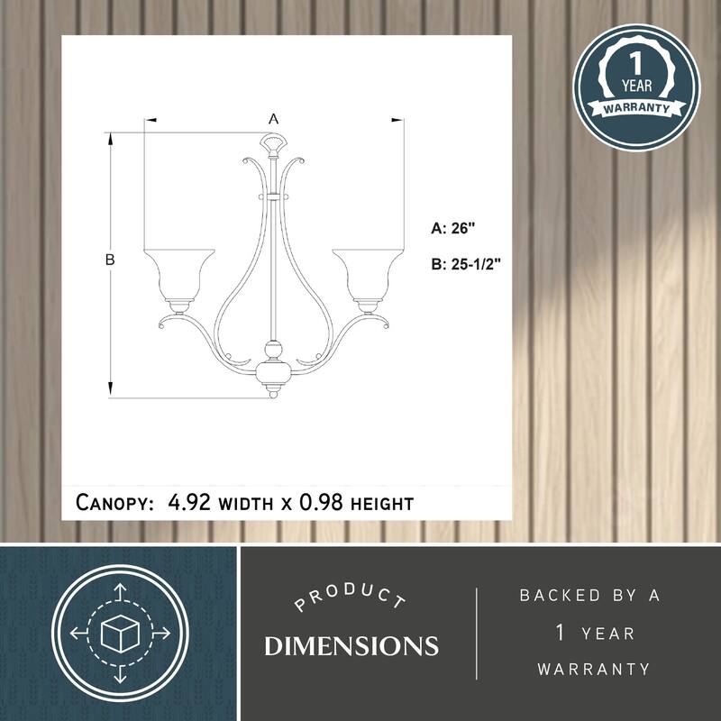 VAXCEL Monrovia 5-Light 26 in. Wide Chandelier with White Glass Shade, Adjustable Height Hanging Ceiling Fixture