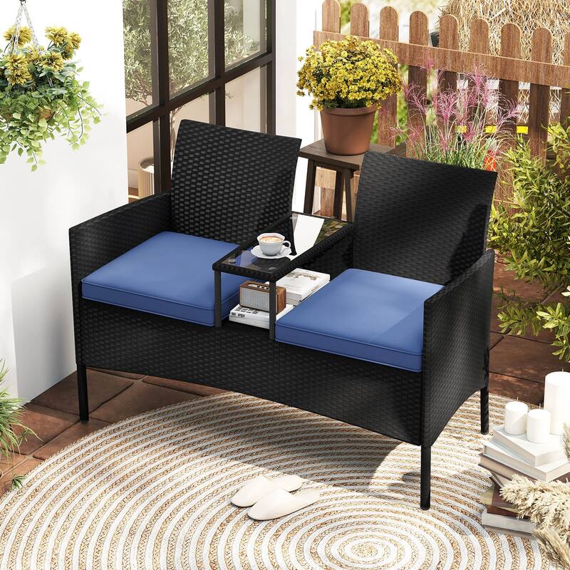 Costway Patio Loveseat with Built-in Table Soft Cushions & Tempered - See Details