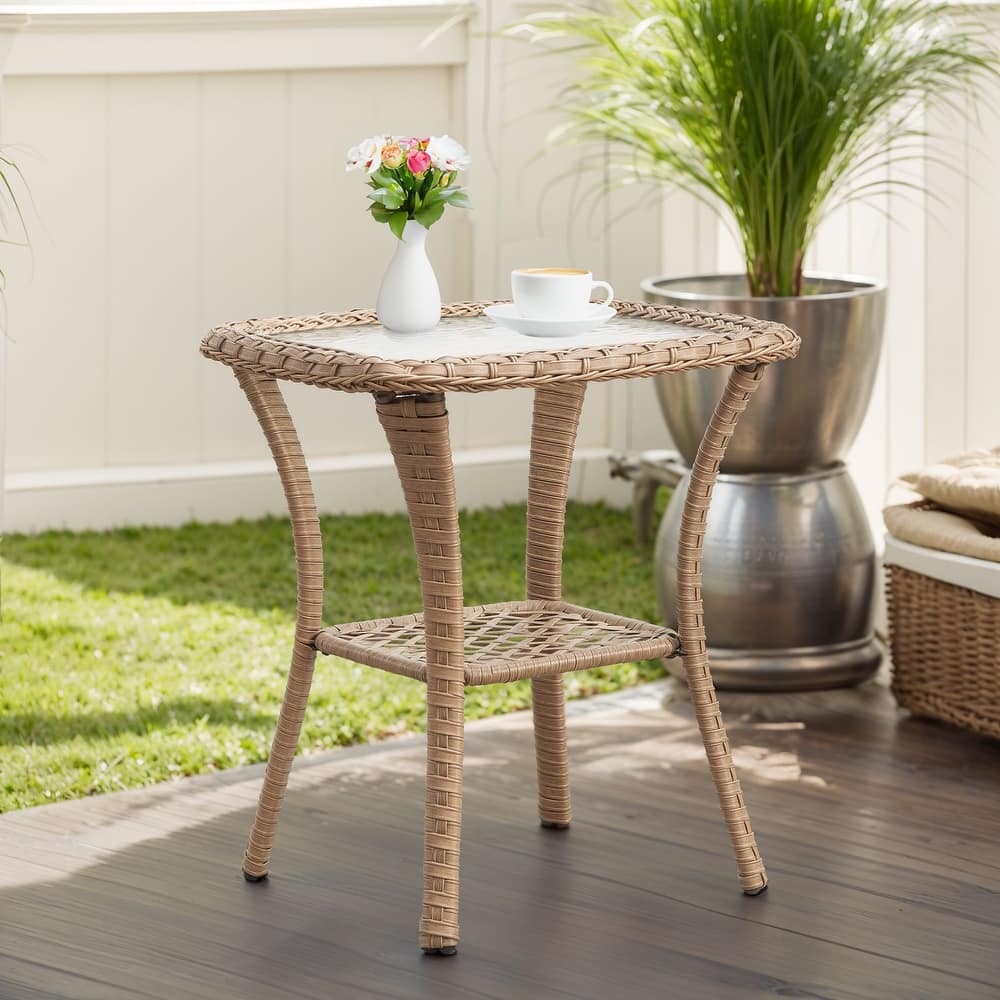 Patio Rattan Wicker Coffee Table with Tempered Glass Top