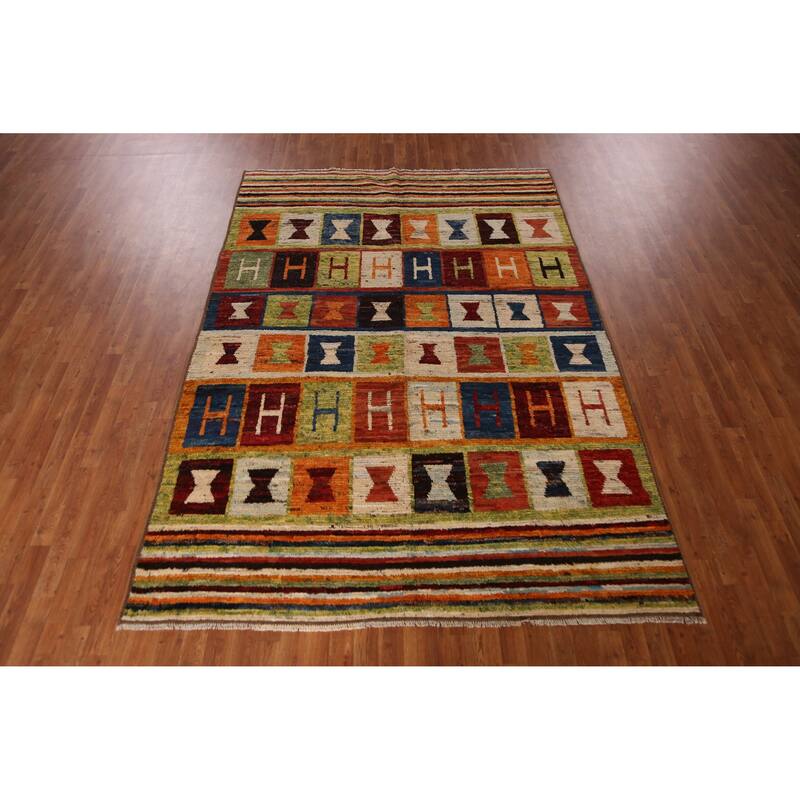 Striped Geometric Moroccan Oriental Area Rug Hand-Knotted Wool Carpet - 6'8" x 9'7"