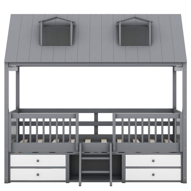 Twin Size Wood House Bed with Roof and Drawers