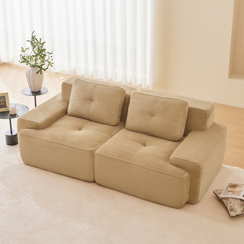 Corduroy Upholstered Boneless Loveseat Couches, Cloud Modular Sectional Sofa, Deep Seat 2 Seater Sofa with Curved Armrest