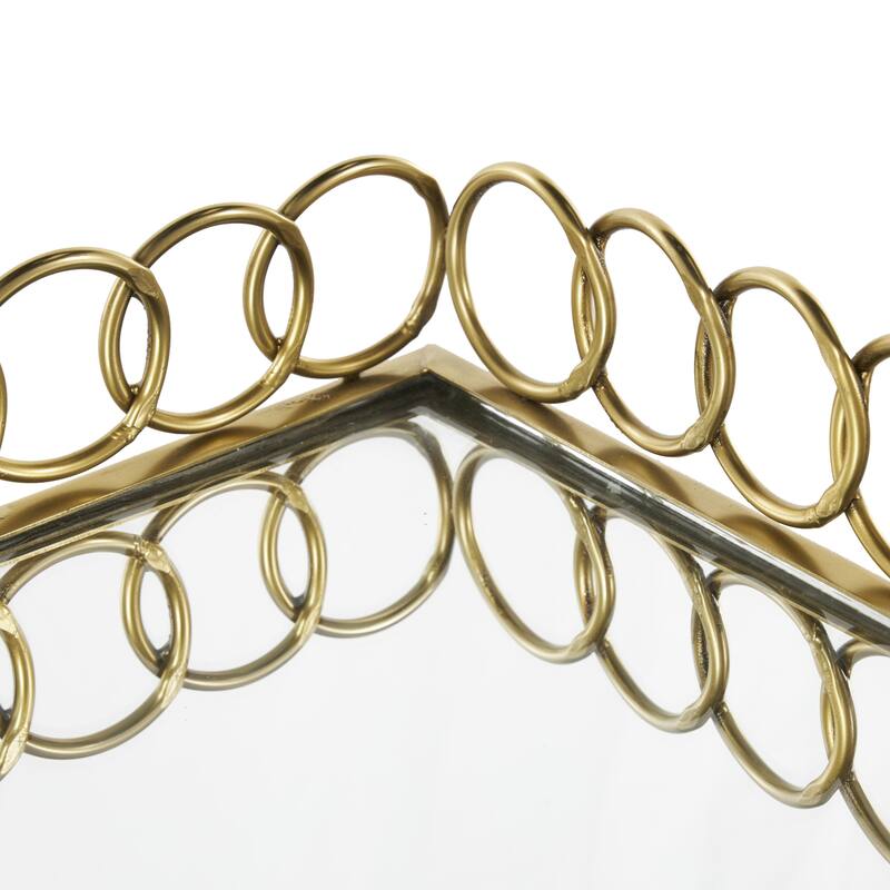 Gold Stainless Steel Metal Mirrored Geometric Living Room Decor Tray with Wire Rod Frame and Mirrored Glass Interior (Set of 2)