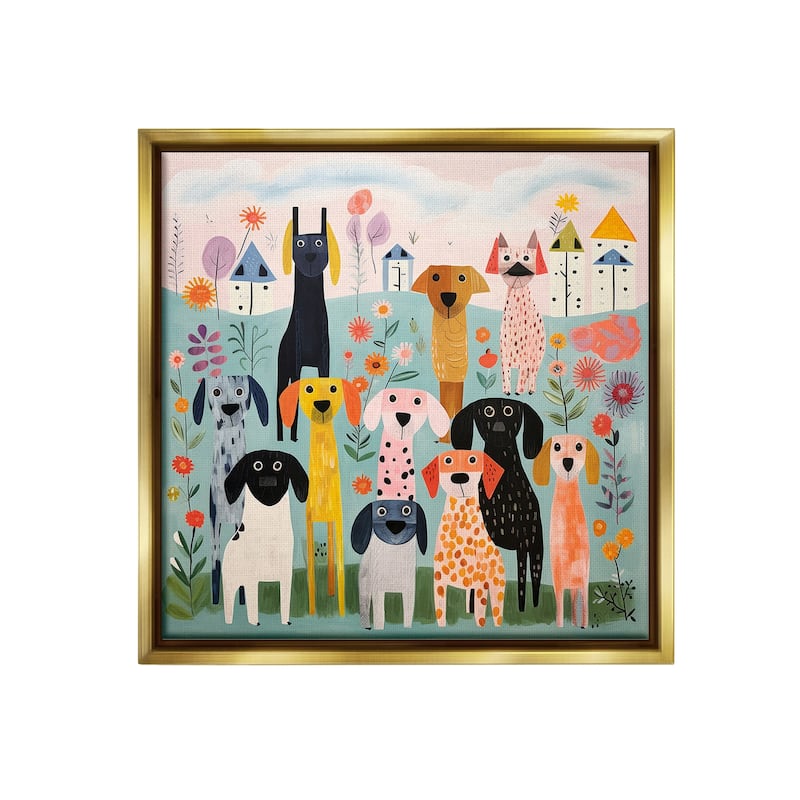 Stupell Patterned Dogs in Yard Framed Floater Canvas Wall Art Design By Lazar Studio - 25 x 25 - Gold