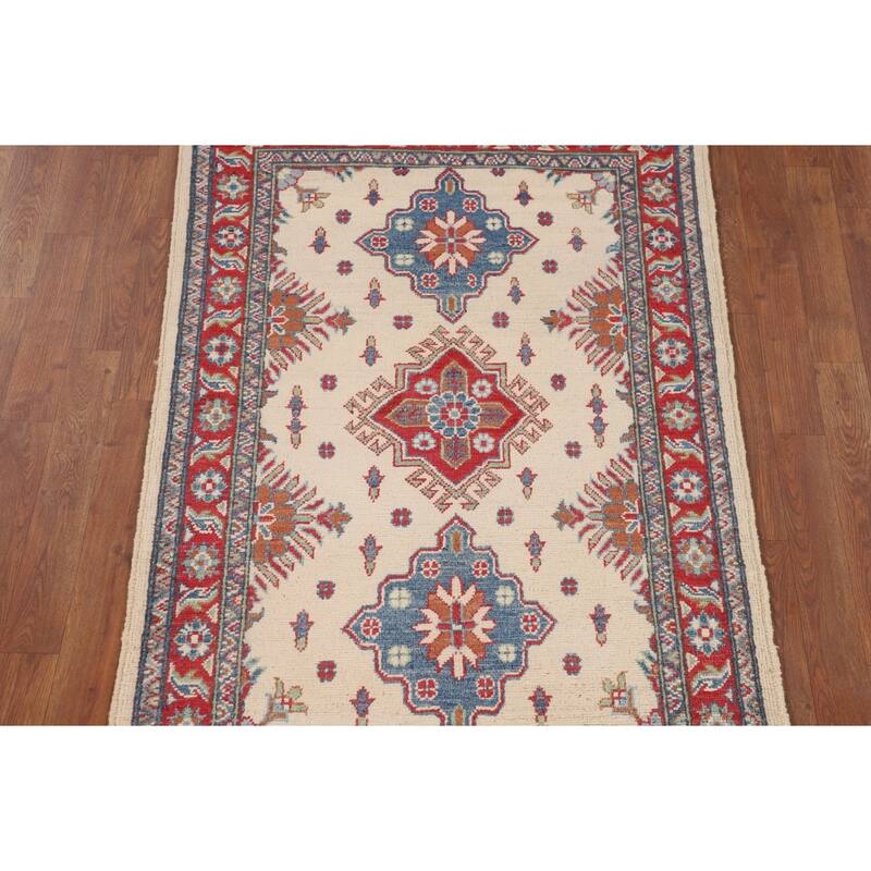 Beige / Ivory Geometric Kazak Oriental Accent Rug Handmade Wool Carpet - 3'2" x 5'0"